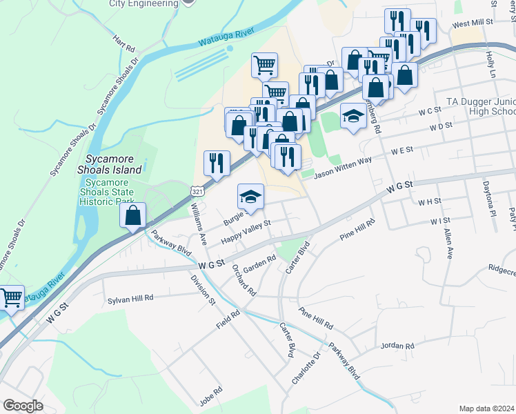 map of restaurants, bars, coffee shops, grocery stores, and more near 1310 Burgie Street in Elizabethton