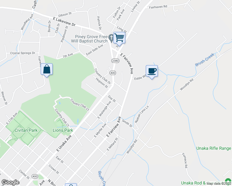 map of restaurants, bars, coffee shops, grocery stores, and more near 2108 East Unaka Avenue in Johnson City