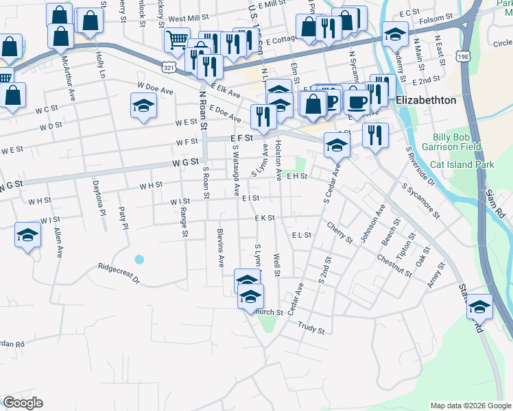 map of restaurants, bars, coffee shops, grocery stores, and more near 308 East I Street in Elizabethton