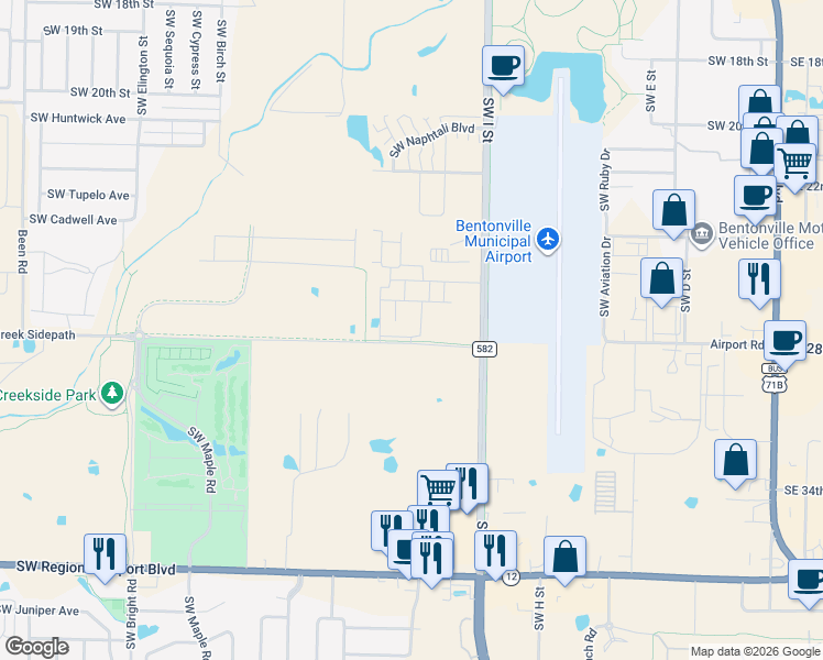 map of restaurants, bars, coffee shops, grocery stores, and more near 1102 Southwest Sullivan Way in Bentonville
