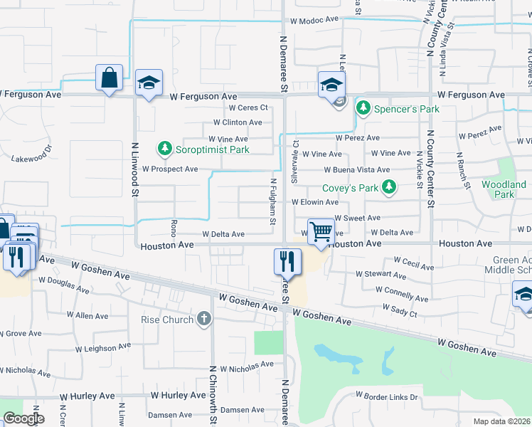 map of restaurants, bars, coffee shops, grocery stores, and more near 1438 North Fulgham Street in Visalia