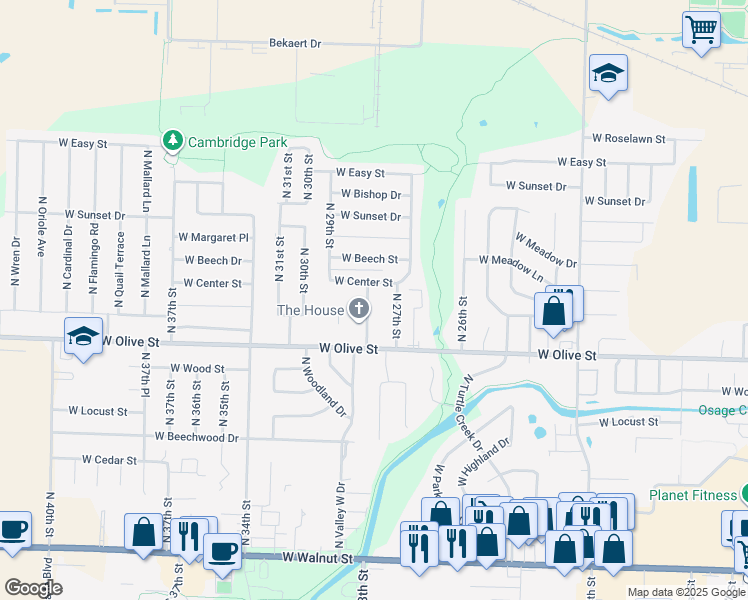 map of restaurants, bars, coffee shops, grocery stores, and more near 815 North 28th Street in Rogers