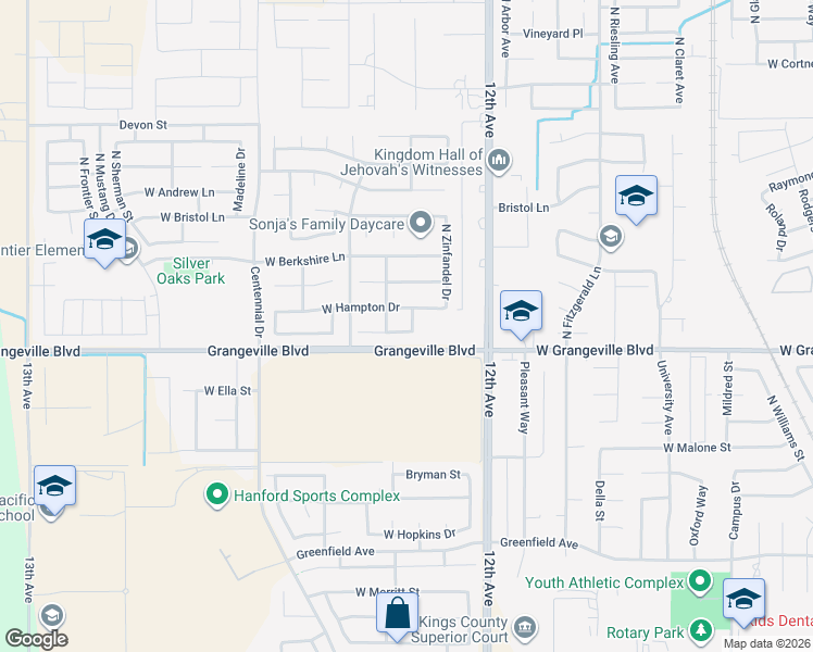 map of restaurants, bars, coffee shops, grocery stores, and more near 1872 West Claridge Way in Hanford