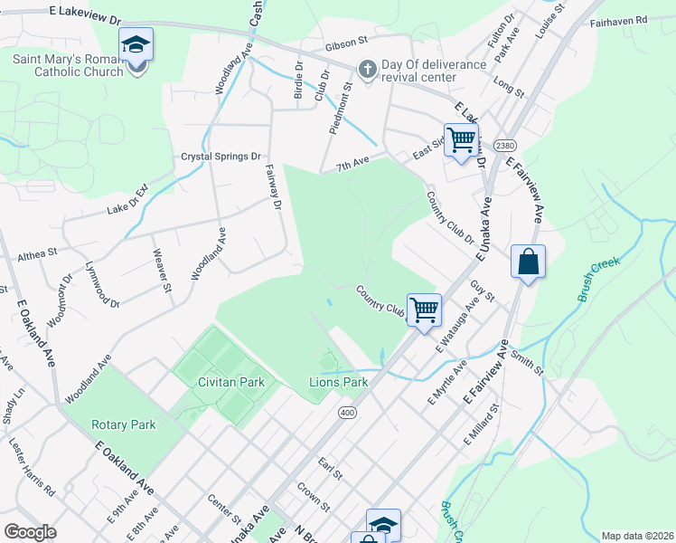 map of restaurants, bars, coffee shops, grocery stores, and more near 1901 East Unaka Avenue in Johnson City