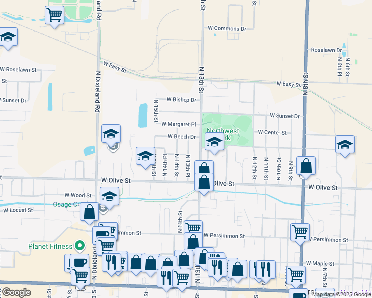 map of restaurants, bars, coffee shops, grocery stores, and more near 904 North 13th Place in Rogers