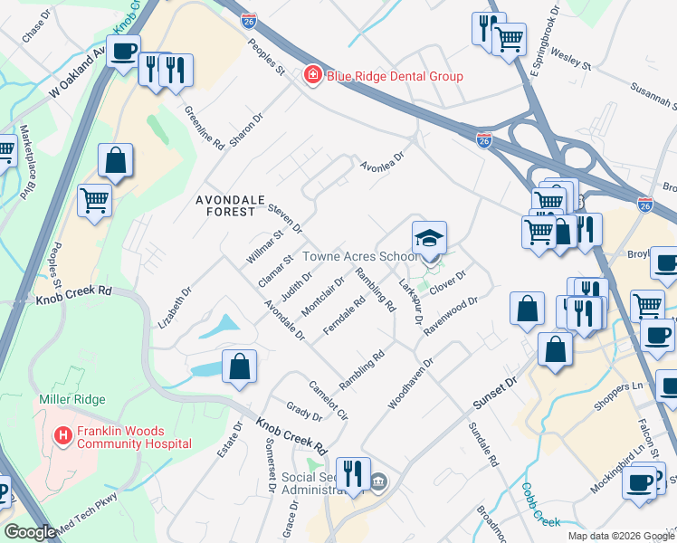 map of restaurants, bars, coffee shops, grocery stores, and more near 702 Montclair Drive in Johnson City