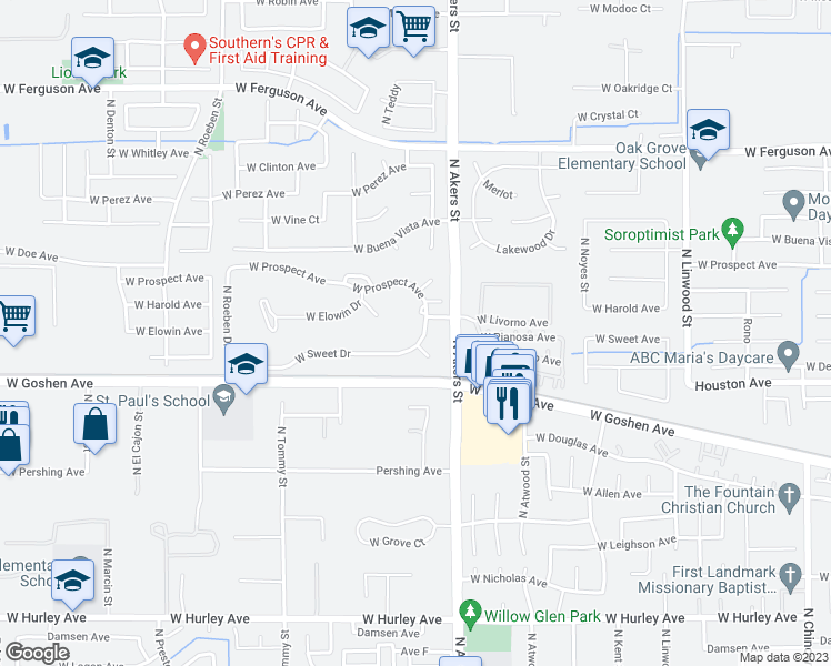 map of restaurants, bars, coffee shops, grocery stores, and more near 1521 North Tamarack Street in Visalia