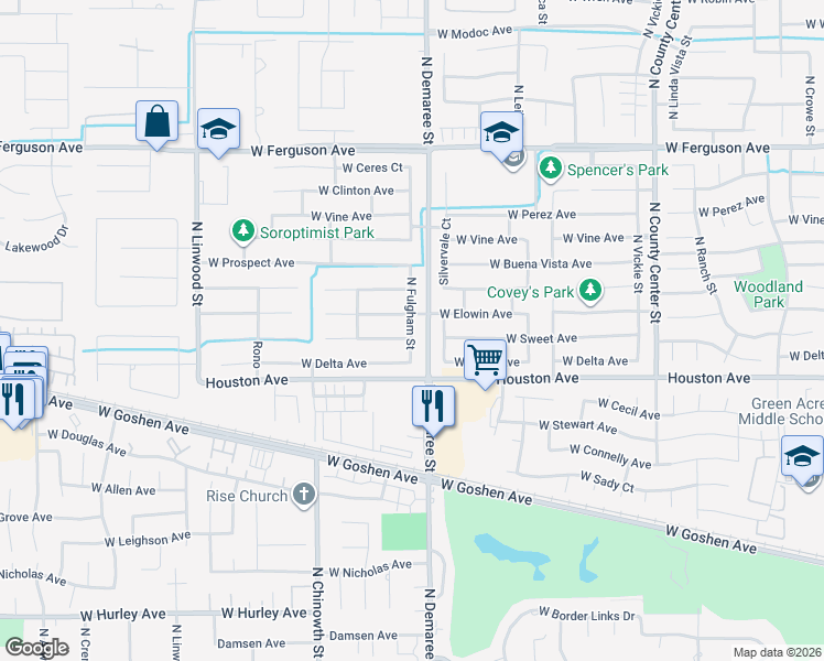 map of restaurants, bars, coffee shops, grocery stores, and more near 1401 North Fulgham Street in Visalia