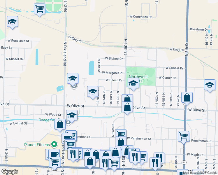 map of restaurants, bars, coffee shops, grocery stores, and more near 904 N 14th St in Rogers