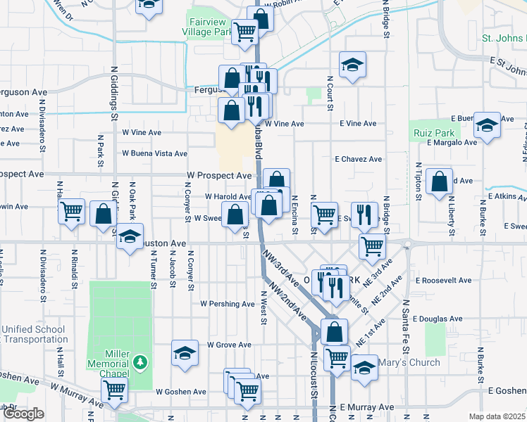 map of restaurants, bars, coffee shops, grocery stores, and more near 1538 North Dinuba Boulevard in Visalia