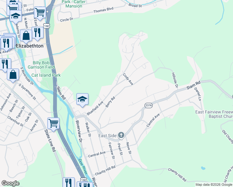 map of restaurants, bars, coffee shops, grocery stores, and more near 1124 Berry Road in Elizabethton