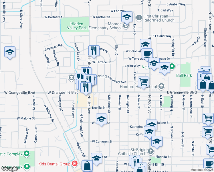 map of restaurants, bars, coffee shops, grocery stores, and more near 1750 Mulberry Drive in Hanford