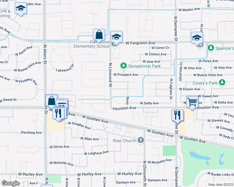 map of restaurants, bars, coffee shops, grocery stores, and more near 4350 West Sweet Court in Visalia