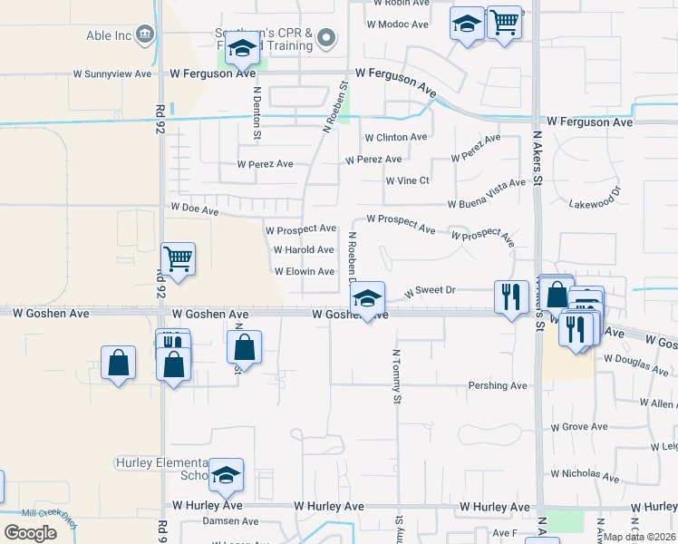 map of restaurants, bars, coffee shops, grocery stores, and more near 1540 North Roeben Drive in Visalia