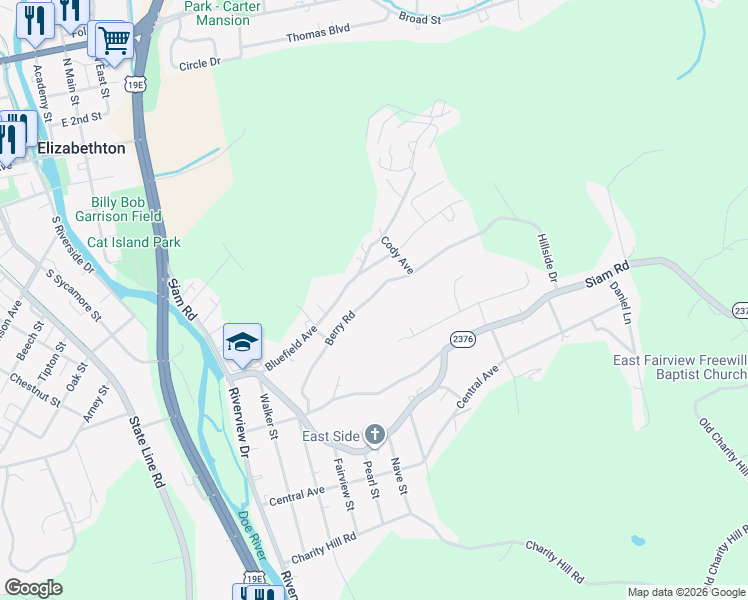 map of restaurants, bars, coffee shops, grocery stores, and more near 1124 Berry Road in Elizabethton