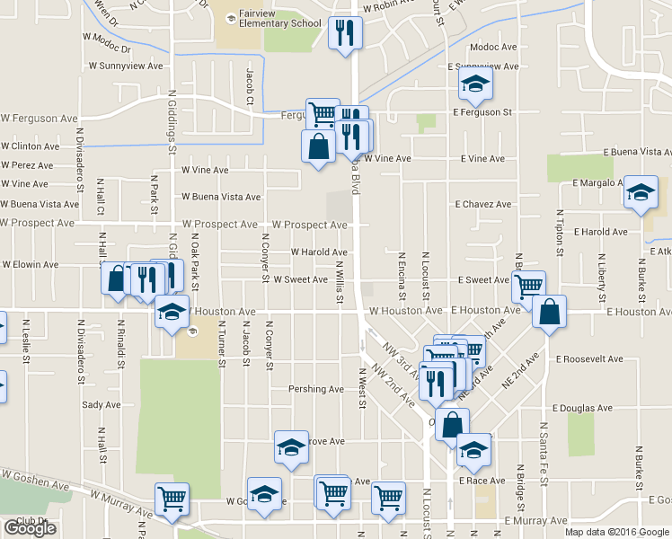 map of restaurants, bars, coffee shops, grocery stores, and more near 1543 North Willis Street in Visalia