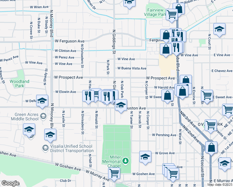 map of restaurants, bars, coffee shops, grocery stores, and more near 1540 North Giddings Street in Visalia