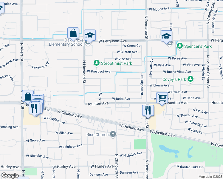 map of restaurants, bars, coffee shops, grocery stores, and more near 4128 West Sweet Court in Visalia