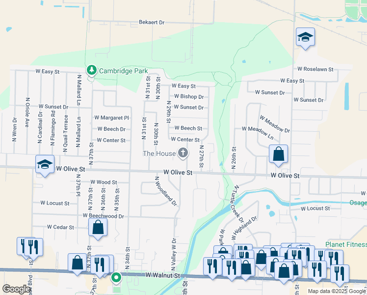 map of restaurants, bars, coffee shops, grocery stores, and more near 815 North 28th Street in Rogers