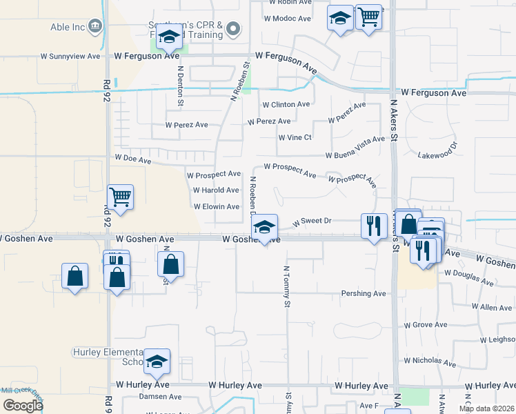 map of restaurants, bars, coffee shops, grocery stores, and more near 1540 North Roeben Drive in Visalia