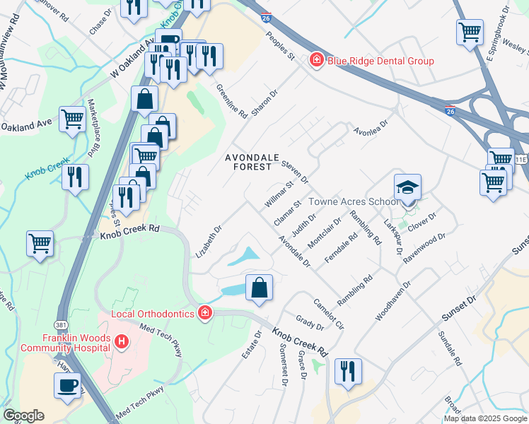 map of restaurants, bars, coffee shops, grocery stores, and more near 2704 Avondale Drive in Johnson City