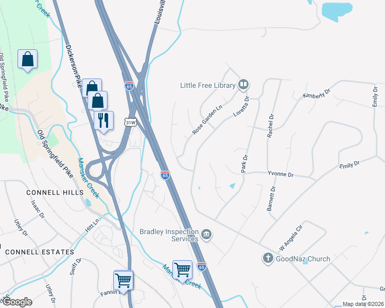 map of restaurants, bars, coffee shops, grocery stores, and more near 832 Loretta Drive in Goodlettsville