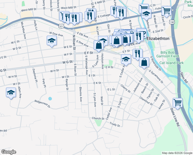 map of restaurants, bars, coffee shops, grocery stores, and more near 308 East I Street in Elizabethton