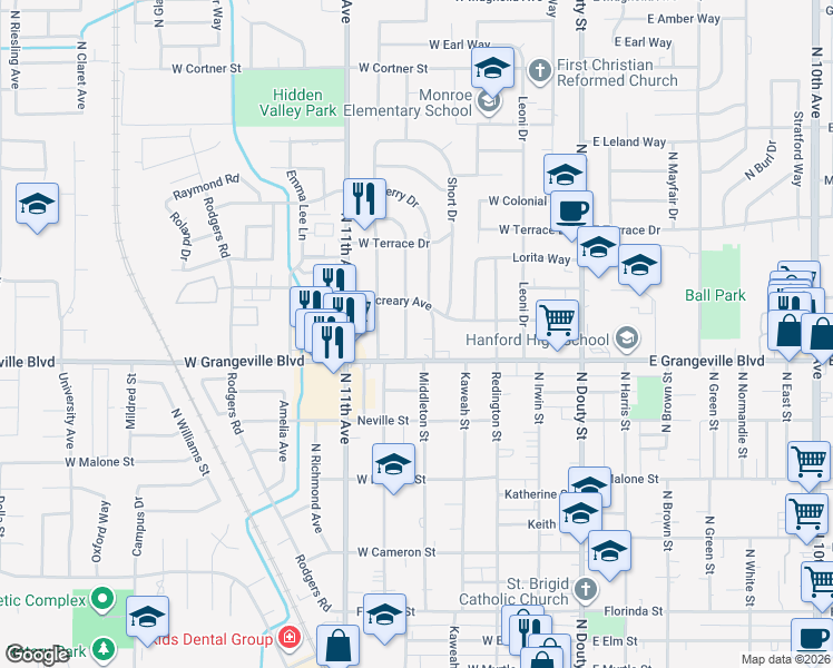 map of restaurants, bars, coffee shops, grocery stores, and more near 1750 Mulberry Drive in Hanford