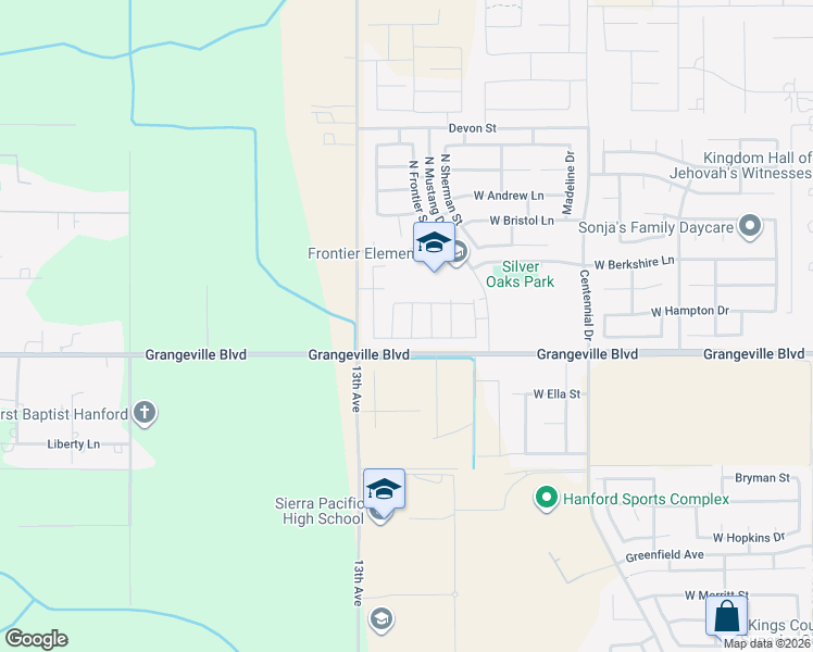 map of restaurants, bars, coffee shops, grocery stores, and more near 12908 Grangeville Boulevard in Hanford