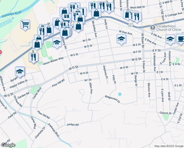 map of restaurants, bars, coffee shops, grocery stores, and more near 606 West H Street in Elizabethton