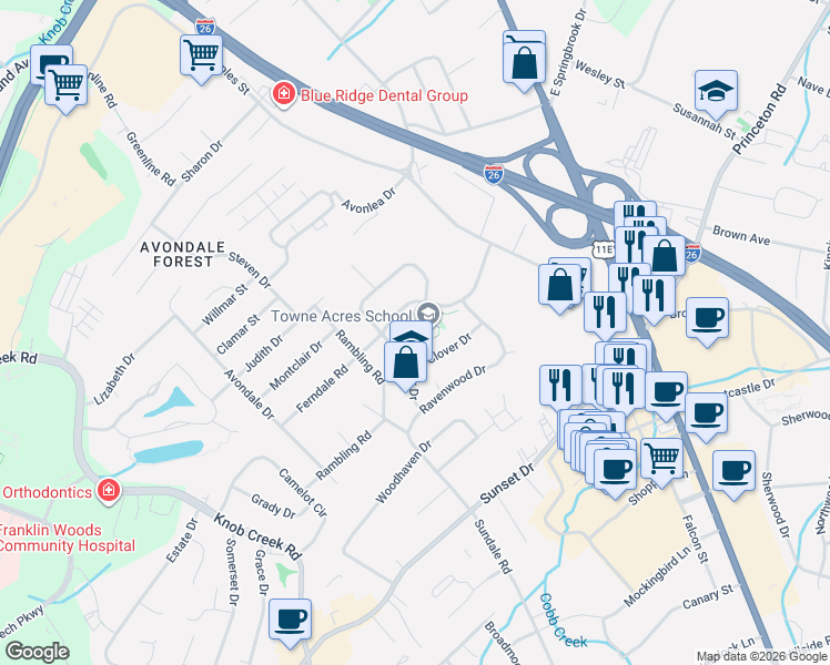 map of restaurants, bars, coffee shops, grocery stores, and more near 2310 Larkspur Drive in Johnson City