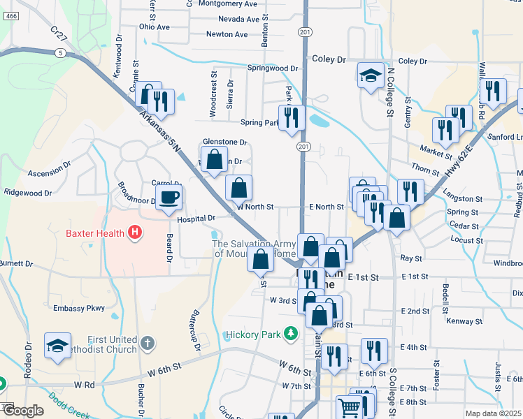map of restaurants, bars, coffee shops, grocery stores, and more near 400-472 West North Street in Mountain Home