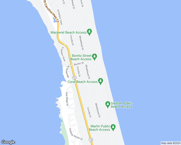 map of restaurants, bars, coffee shops, grocery stores, and more near 913 Whalehead Drive in Corolla
