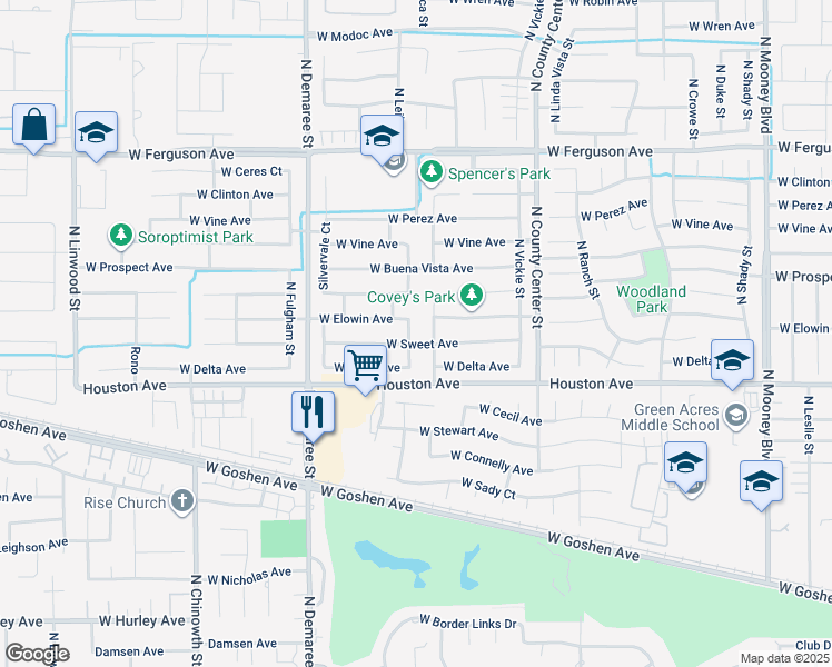 map of restaurants, bars, coffee shops, grocery stores, and more near 1516 North Leila Street in Visalia