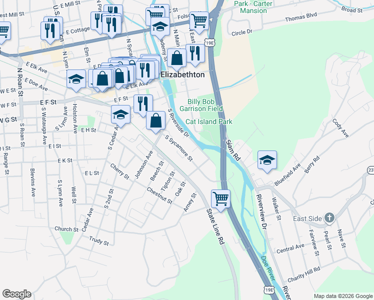 map of restaurants, bars, coffee shops, grocery stores, and more near 528 S Sycamore St in Elizabethton