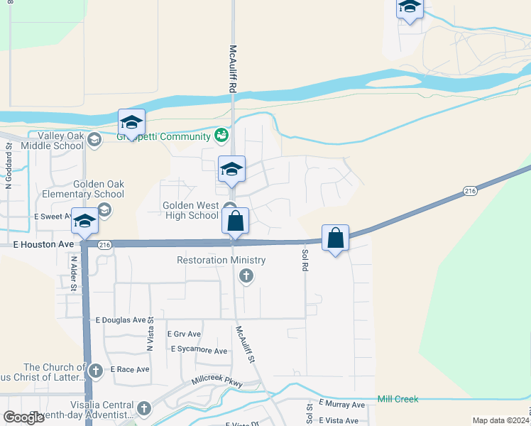 map of restaurants, bars, coffee shops, grocery stores, and more near 1533 North Arden Court in Visalia