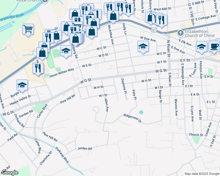 map of restaurants, bars, coffee shops, grocery stores, and more near 606 West H Street in Elizabethton