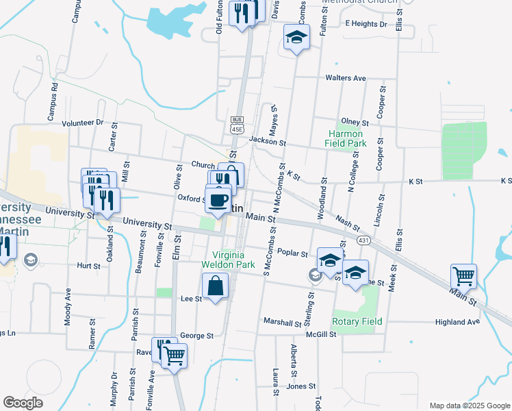map of restaurants, bars, coffee shops, grocery stores, and more near 108 Strand Street in Martin