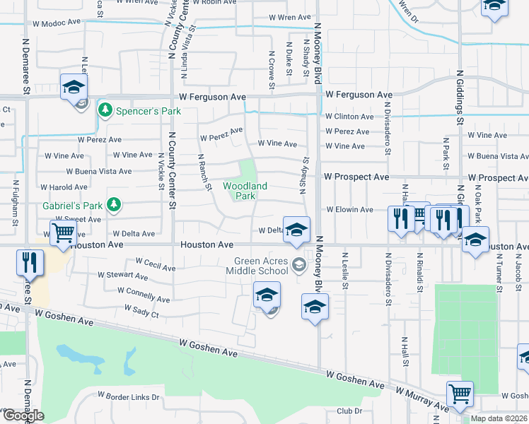 map of restaurants, bars, coffee shops, grocery stores, and more near 2426 W Sweet Ct in Visalia