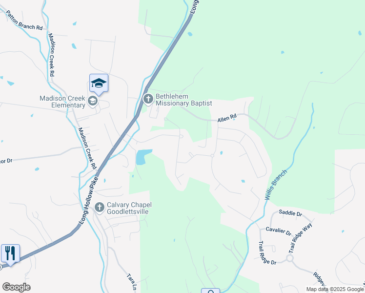 map of restaurants, bars, coffee shops, grocery stores, and more near 221 Sydney Dr in Goodlettsville