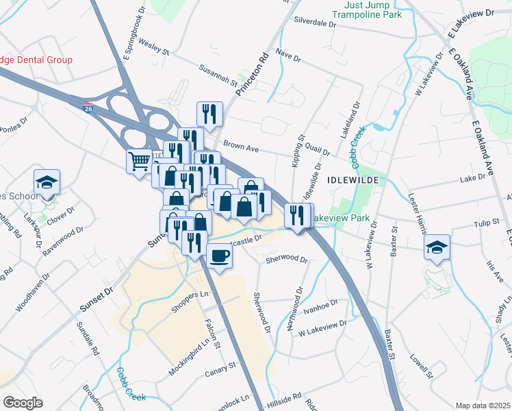 map of restaurants, bars, coffee shops, grocery stores, and more near 210 Broyles Drive in Johnson City