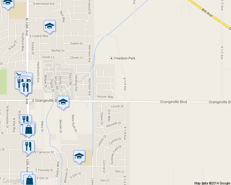map of restaurants, bars, coffee shops, grocery stores, and more near 1301 Canyoncreek Street in Hanford