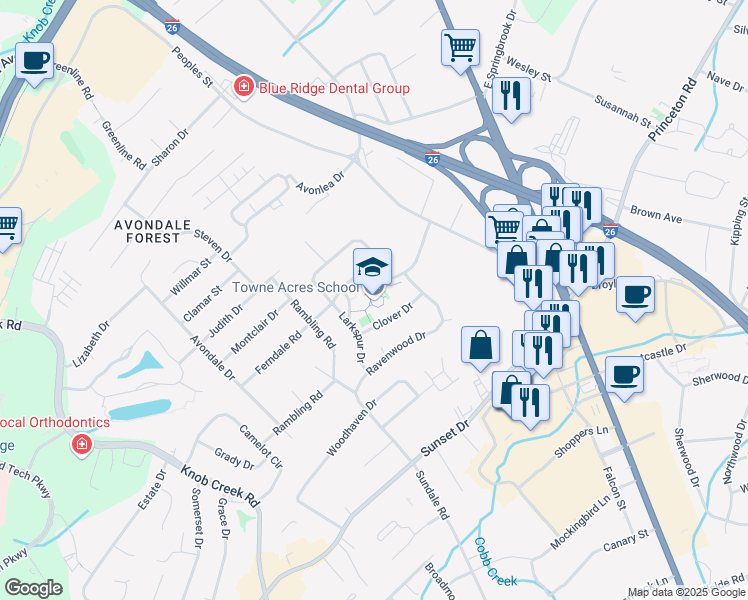 map of restaurants, bars, coffee shops, grocery stores, and more near 2310 Larkspur Drive in Johnson City