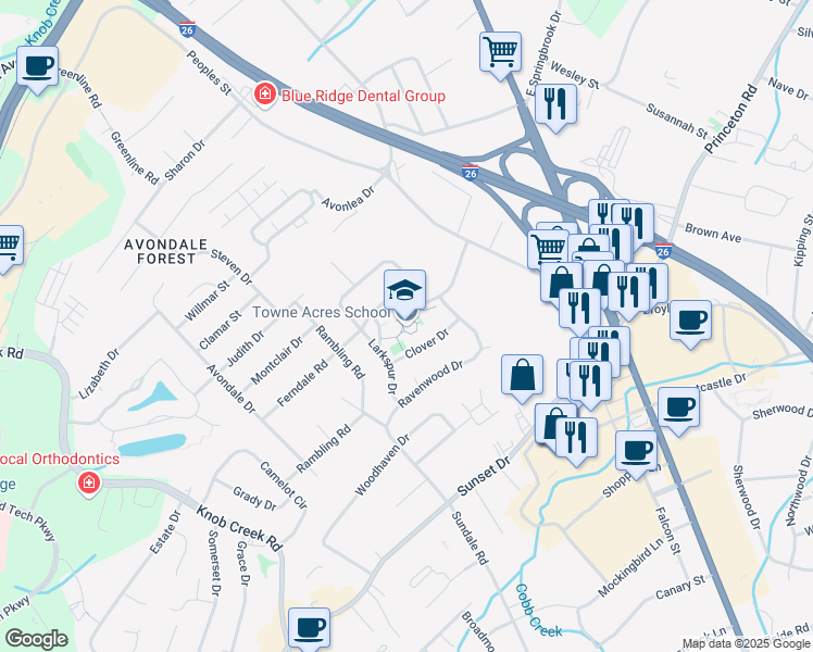 map of restaurants, bars, coffee shops, grocery stores, and more near 2310 Larkspur Drive in Johnson City