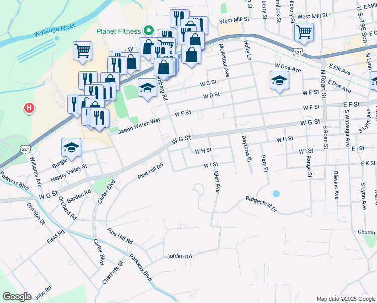 map of restaurants, bars, coffee shops, grocery stores, and more near 724 West H Street in Elizabethton