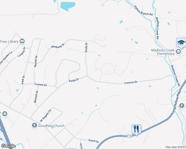 map of restaurants, bars, coffee shops, grocery stores, and more near 105 Justin Court in Goodlettsville