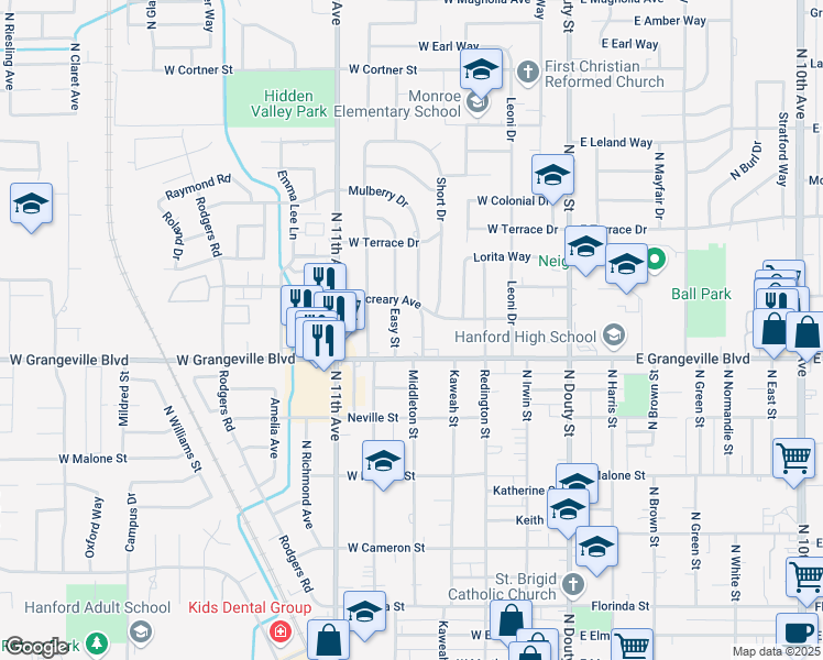 map of restaurants, bars, coffee shops, grocery stores, and more near 1750 Mulberry Dr in Hanford