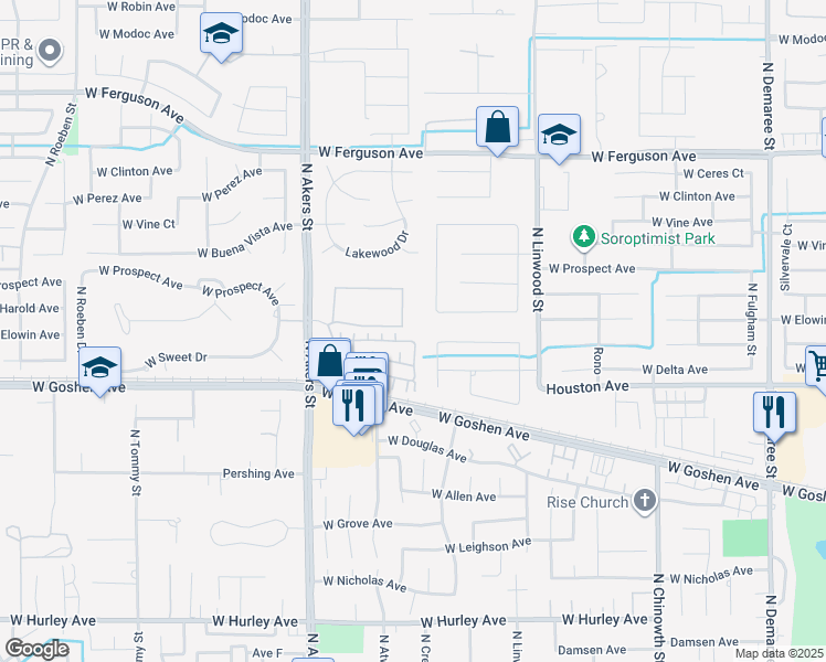 map of restaurants, bars, coffee shops, grocery stores, and more near 1538 North Pratos Street in Visalia