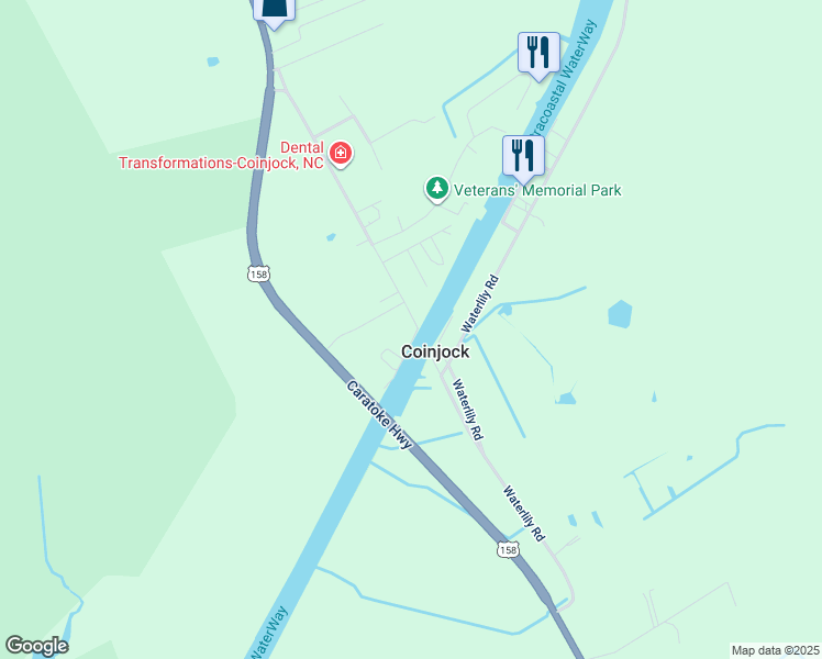 map of restaurants, bars, coffee shops, grocery stores, and more near 112 Hampton Road in Coinjock