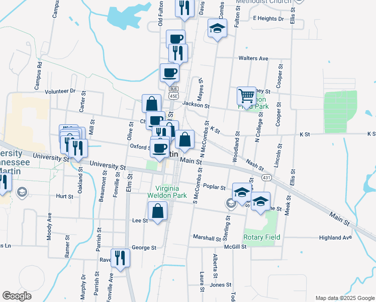 map of restaurants, bars, coffee shops, grocery stores, and more near 108 Strand Street in Martin